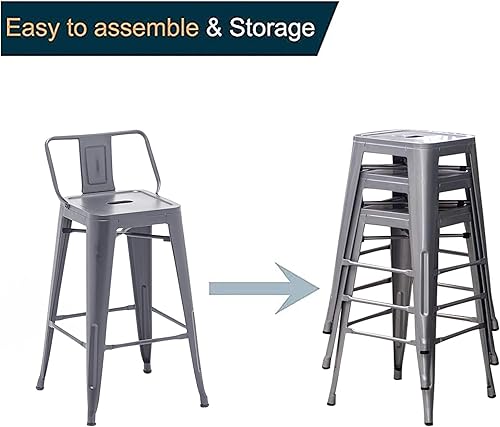 Miniatura 28 de Andeworld Juego de 4 taburetes de bar de metal industrial con respaldo (30 pulgadas, negro) Mate negro,Crema Blanco,RUSTY,plateado