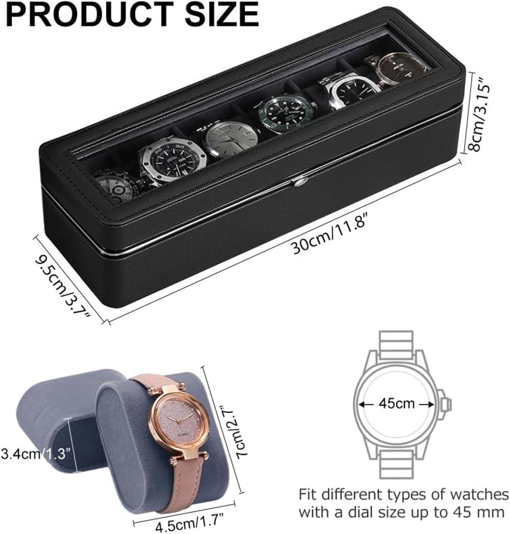 Styleys Caja de reloj de 6 ranuras en piel sintética, organizador de exhibición forrado de terciopelo con tapa de cristal, W-155B, color negro