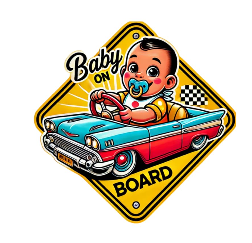 Image of SIGNS THAT POP Baby On Board Signs, Car Essentials - Baby On Board Sticker - 5 inch x 5 inch - Cute - Cartoon Safety Signs - Non Magnet - Durable Strong Adhesive (Classic Car)