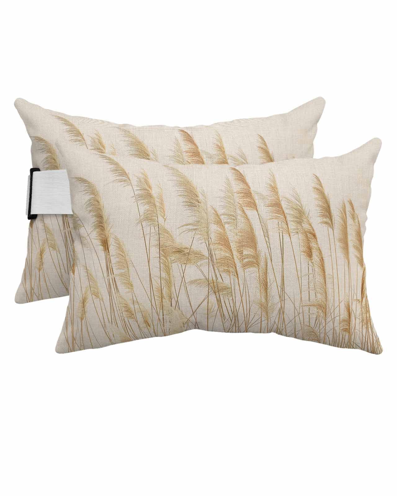 HERBED Outdoor Pillows Covers with Inserts Fall Reed Plants Hand Painting Retro Linen Waterproof Pillow with Adjustable Strap Throw Pillows for Patio Furniture Pool Lounge Chair, 12x20 Inch, 2PCS