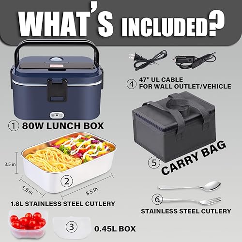 Miniatura 3 de Nifogo Fiambrera eléctrica, calentador de alimentos de 80 W, fiambreras calentadas para hombres, 1.8 l, lonchera eléctrica para adultos, portátil,