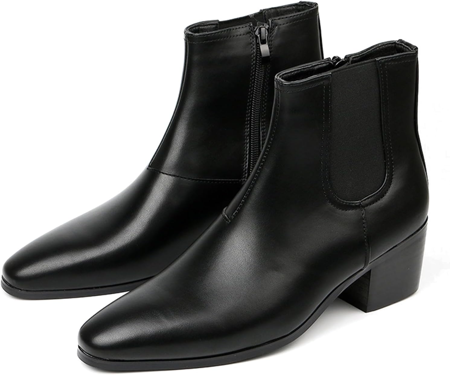 Classic High Heel Heighten Side Zipper Chelsea Boots For Men Leather Fashion Pointed Toe Chunky Block Heel Elastic Mid-Calf Slip On Dress Ankle Booties For Business Party Wedding