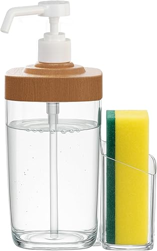 Dispensador de jabón transparente con bomba a prueba de óxido, dispensador de jabón de plástico para manos para cocina y baño (grano de madera)