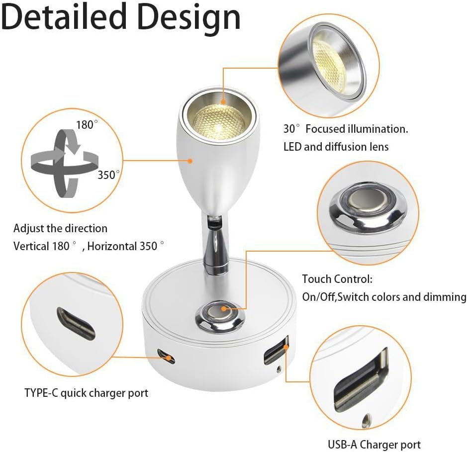12V LED Spot Reading Light with USB &Type C Quick Charging 3 Color Flexible RV Touch Dimmable Reading Wall Lamp for Motorhome Campervan Boat Yacht (Silver)