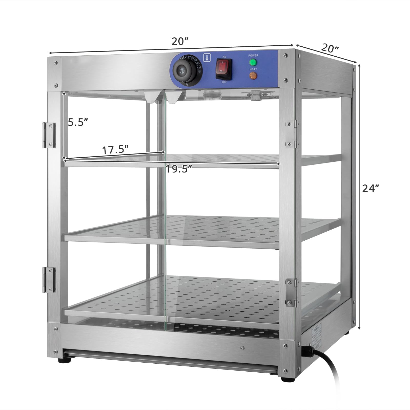 Vetrina riscaldante per Pizza a 3 Livelli, scaldavivande Elettrico da banco Professionale da 800 W con Illuminazione a LED, Ripiani Rimovibili, sportello in Vetro, vetrina per Pasticceria.