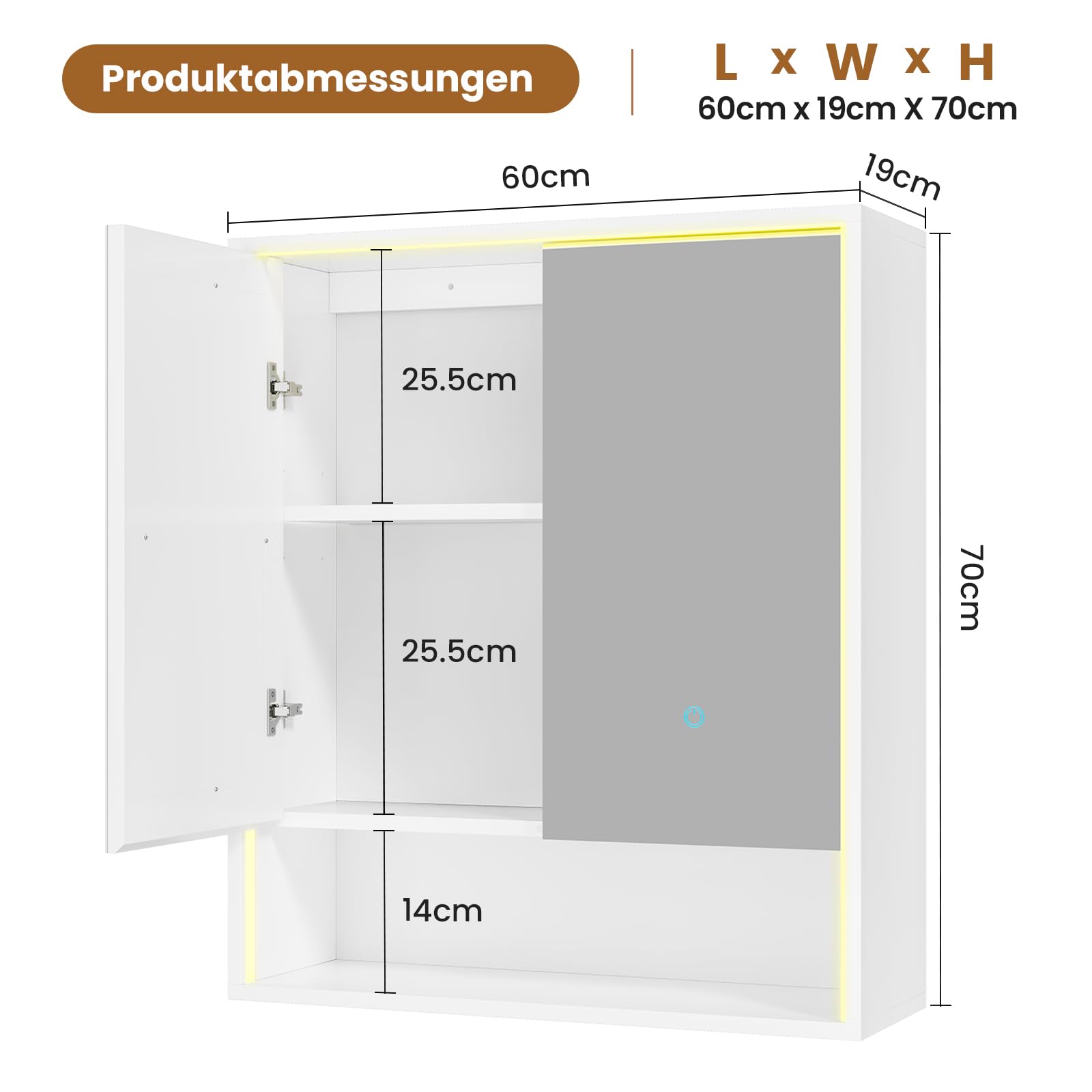 Spiegelschrank mit LED Beleuchtung, Steckdose & 3 Farbtemperaturen | Dimmbare Badezimmerschrank mit verstellbaren Regalen, HD Spiegel, Touch-Sensor, Doppeltür Hängeschrank 60x70x19 cm, Weiß