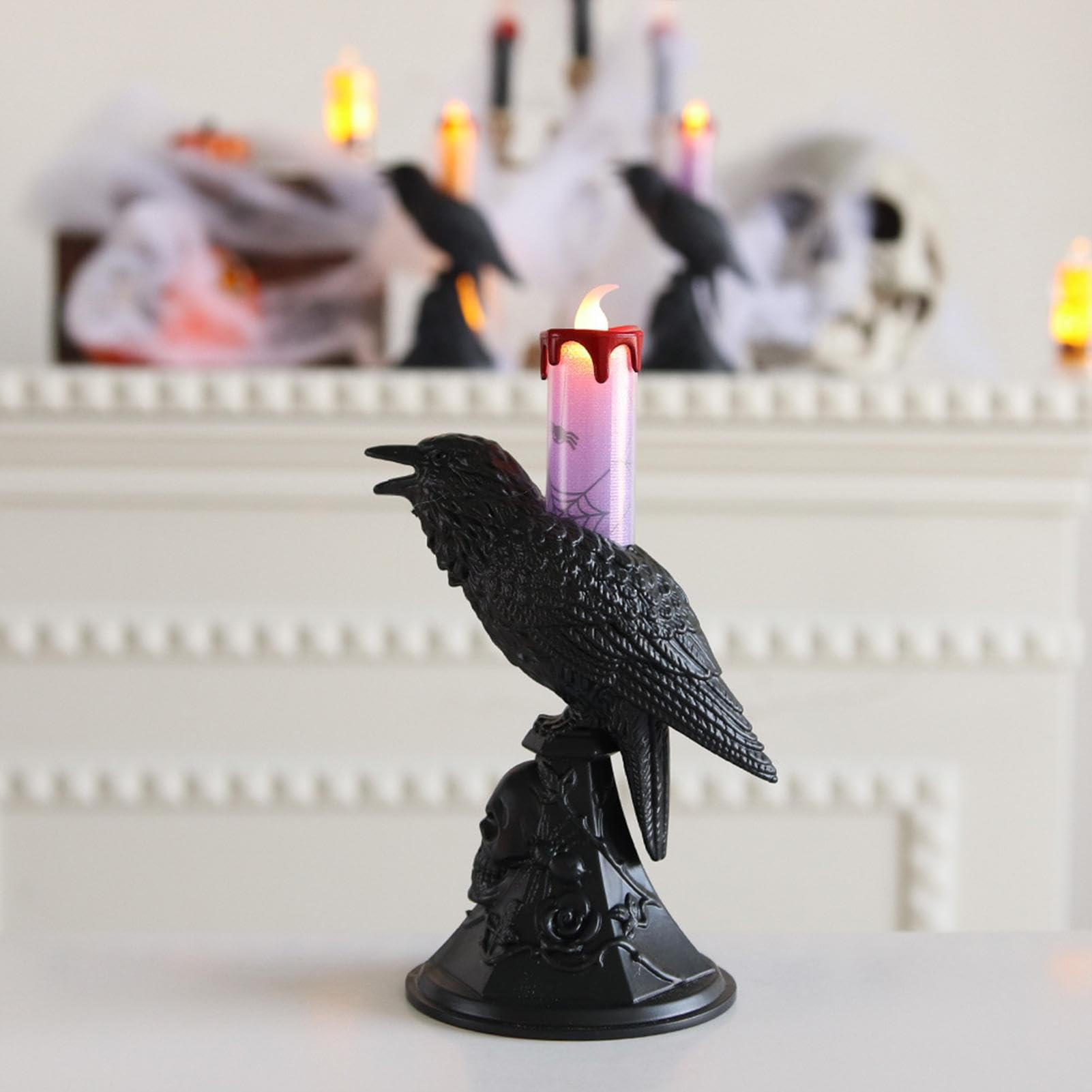 Duqulle Crow Table Lamp Creative Bird Lamp Crow Candle Lamp Halloween Crow Lights LED Table Sconce Light Gothic Candlestick Ornament Crow Bird Stand Light Home Décor