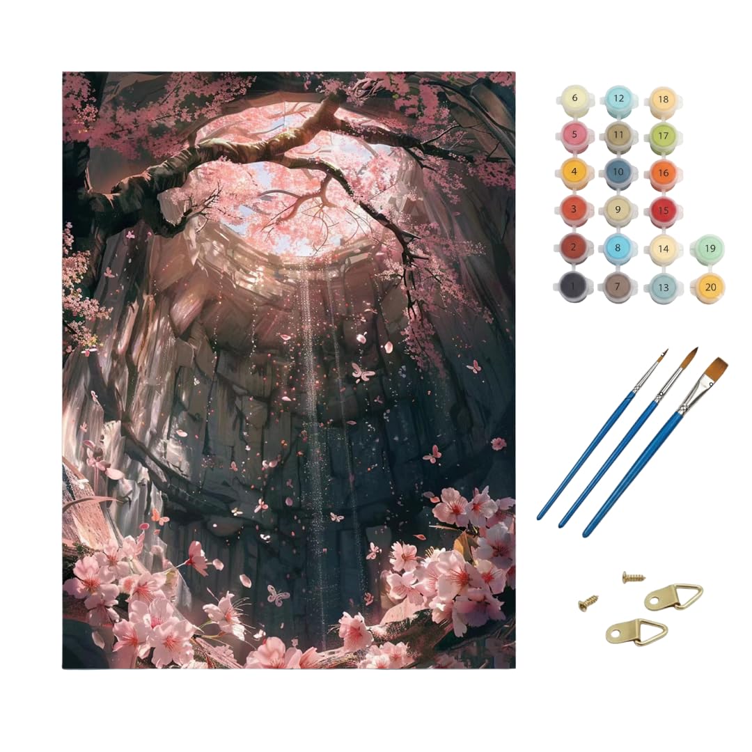 luxeeva® paint by numbers for adults and kids – art therapy kit for adults pink cherry blossom fantasy scene oil paint by numbers kit on canvas, 12x16 inch, includes brushes & pigments | relaxing creative hobby for home décor & gifting