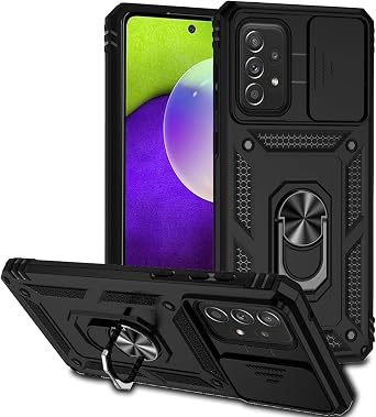 Case for Galaxy A73 5G Case, Samsung A73 5G SM-A736B Case with Slide Camera Cover, Built-in 360 Rotate Ring Kickstand Magnetic Shockproof Phone Cover for Samsung Galaxy A73 5G Black