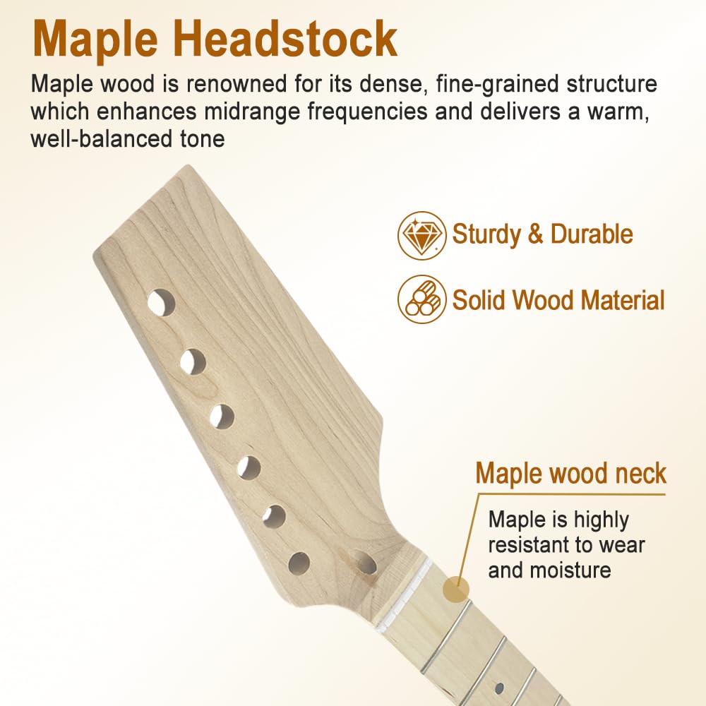 Unlackiertes E-Gitarren-Set mit Hals und Griffbrett aus Ahornholz, Korpus aus Lindenholz mit Eschenholzfurnier, 22 Bünde, 64 cm Skala – Gitarrenbauprojekt für Anpassung und Reparatur