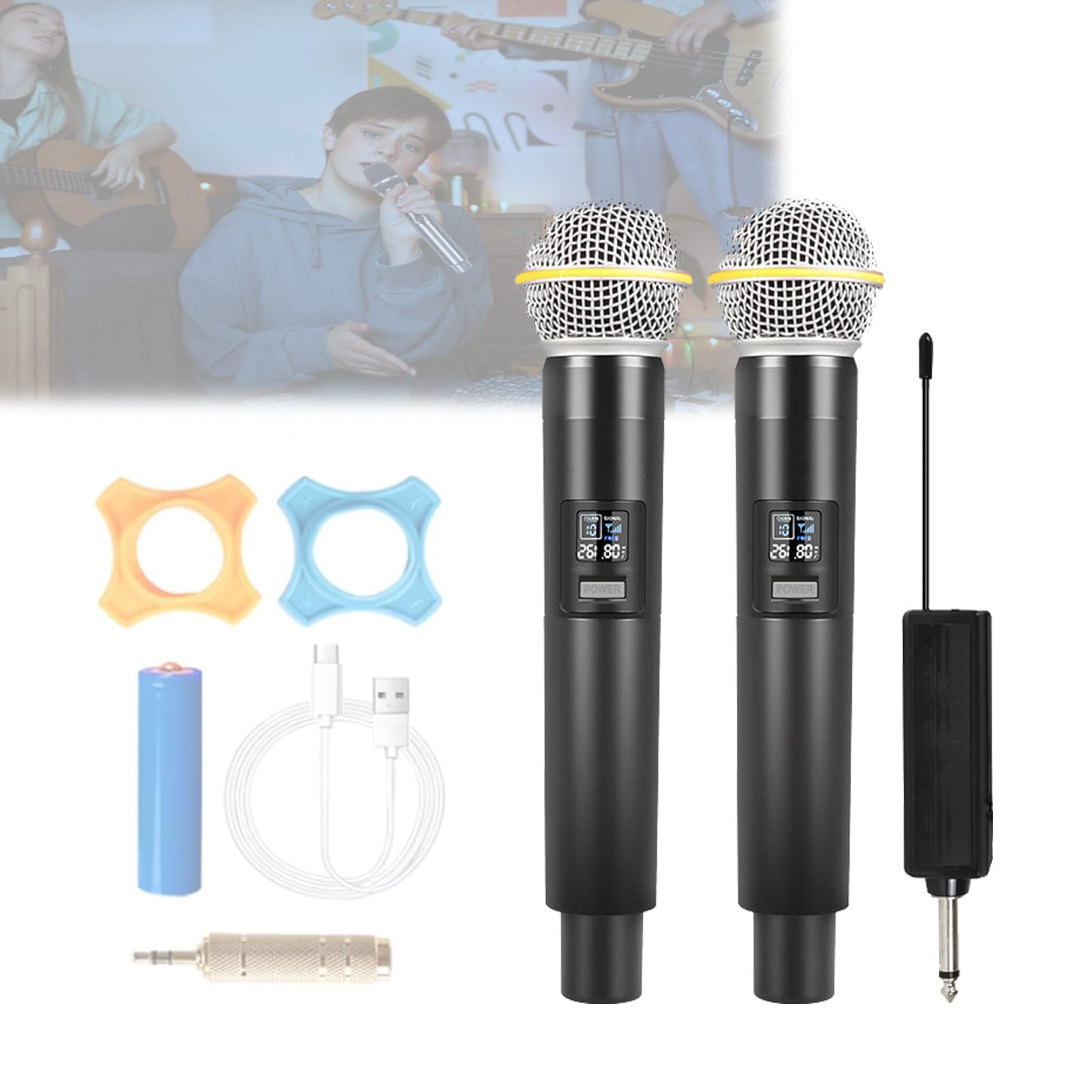 Bezprzewodowe Mikrofony Do Karaoke,Jeden Na Dwa,Ręczny Mikrofon,Z Mini Odbiornikiem,Podwójny Bezprzewodowy Mikrofon Dynamiczny Uhf,Zasięg 10-50M,Akumulator Litowo-Jonowy,Na Imprezę,Dj,Wesele