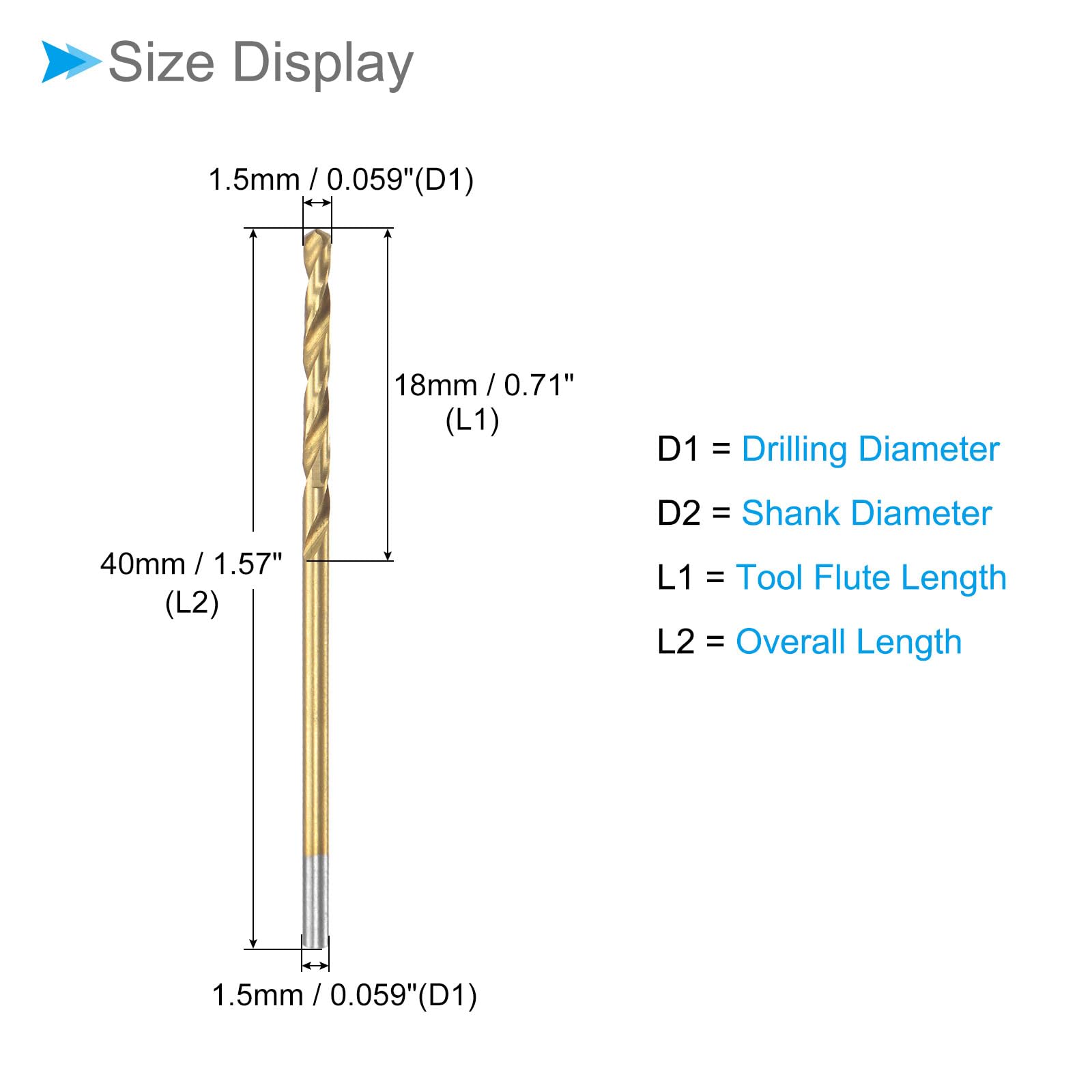 CoCud Twist Drill Bits, 1.5mm Drilling Diameter, Titanium Coated High Speed Steel 6542 Straight Round Shank - Image 2
