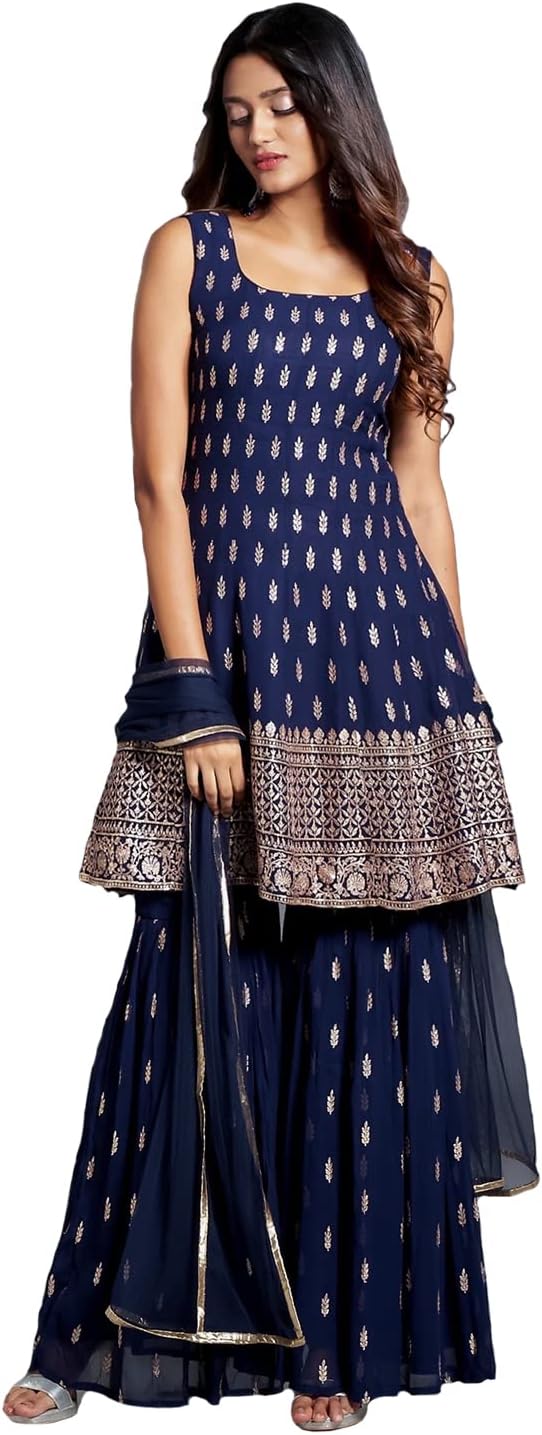 Xomantic Fashion Women's Embroiderd Work Navyblue Color Weding Wear Anarkali Kurta Sharara Set