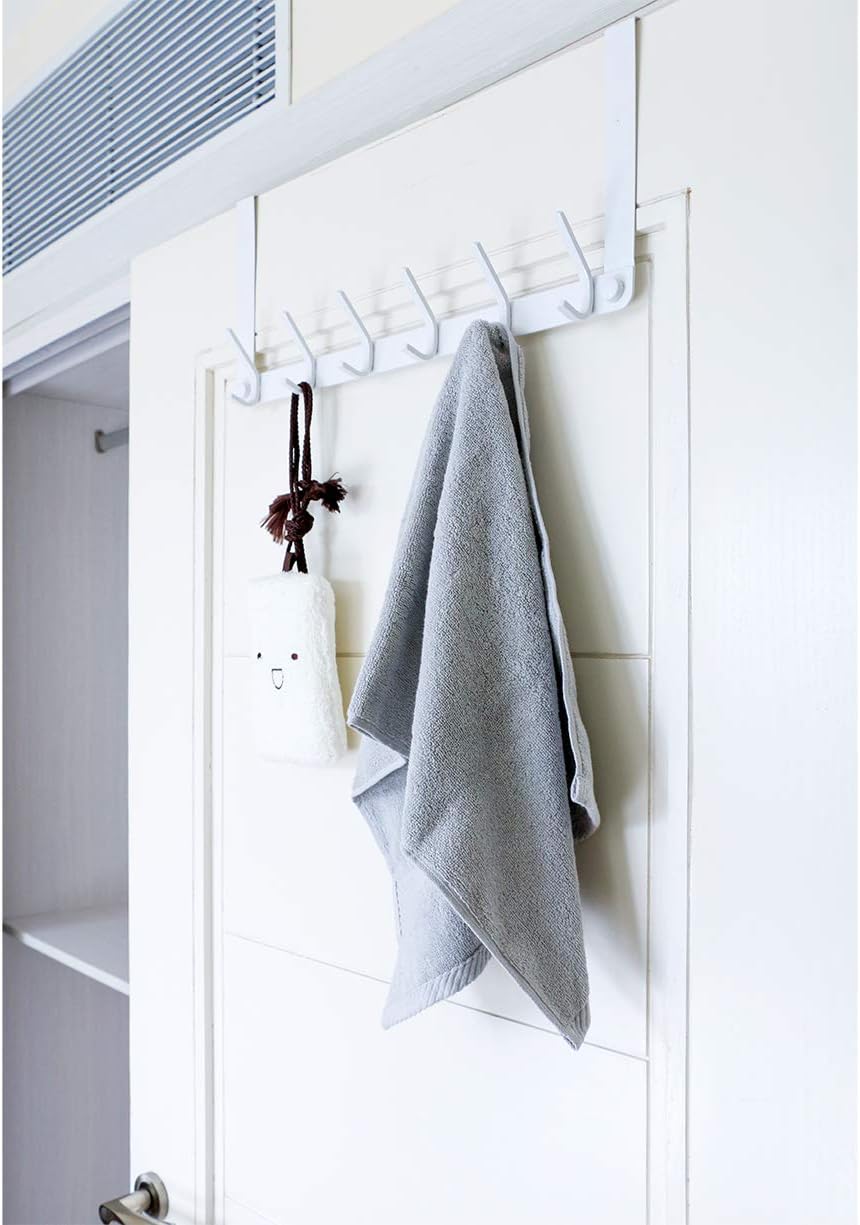 VXAR Over The Door Hook Hanger Heavy Duty Stainless Steel Coat Rack Long Arms for Hanging Towel Clothes Robes Bag Purse Bathroom Bedroom 6 Hooks White 2P