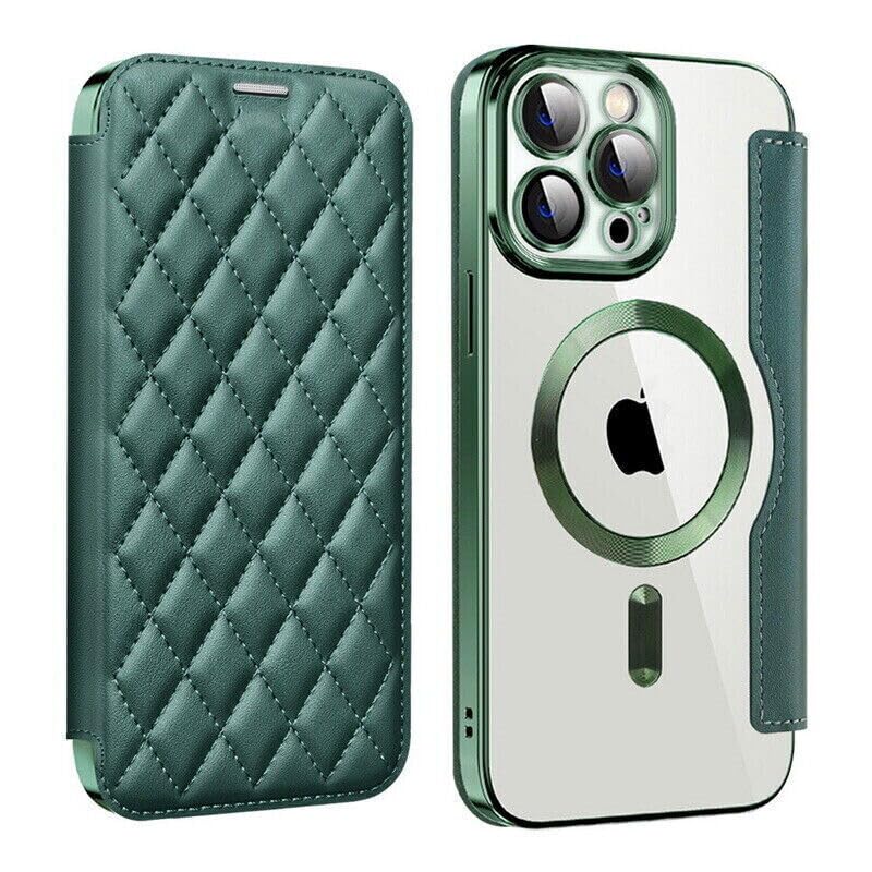 Étui pour iPhone 16 Pro vert avec rabat magnétique et portefeuille en cuir