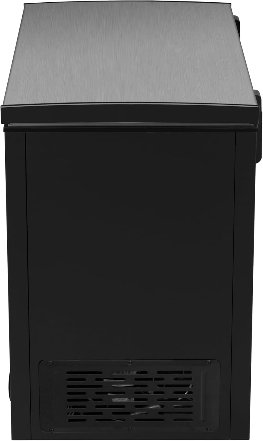 Chest Deep Freezer, 7 Cu. Ft, Black Adjustable Thermostat-Removable Vinyl Coated Wire Basket-Easy Defrost Drain, Eye-Catching Stainless Steel Top Door- Garage Ready