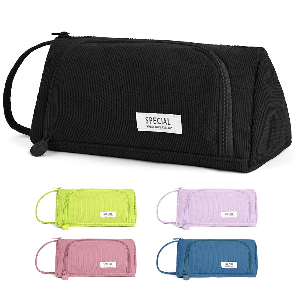 APXEL Federmäppchen Cord-Stoff, Federtaschen Mädcchen große Mäppchen mit 2 Fcächer Tragegriff Stiftetasche Bleistift Beutel Federmäppchen Pencil Case für Schule Teenager Büro, Schwarz