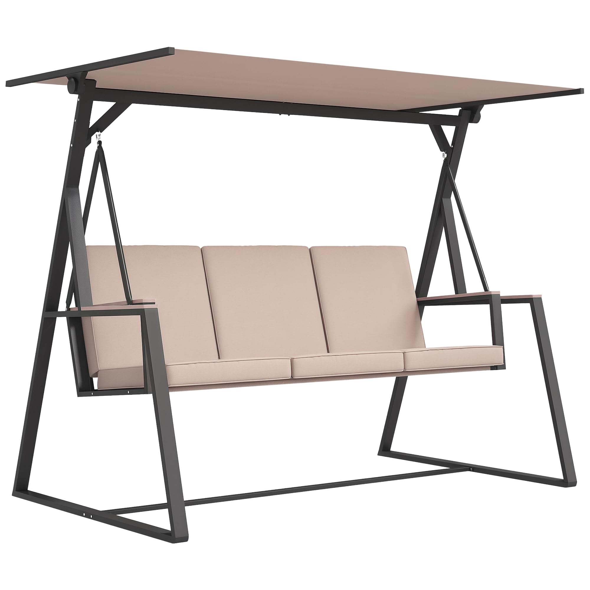 Outsunny Hollywoodschaukel 3-Sitzer Schaukelbank mit Kissen, Gartenschaukel mit regulierbarem Dach, bis zu 300 kg Tragfähigkeit, 205 x 130 x 175 cm, Khaki