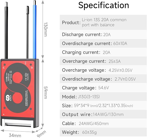 DALY 3S-24S BMS da 15A a 200A Scheda di protezione con filo di bilanciamento e sensore di temperatura per pacco batterie al litio (Li-ion 13S 48V, 20A) - 2