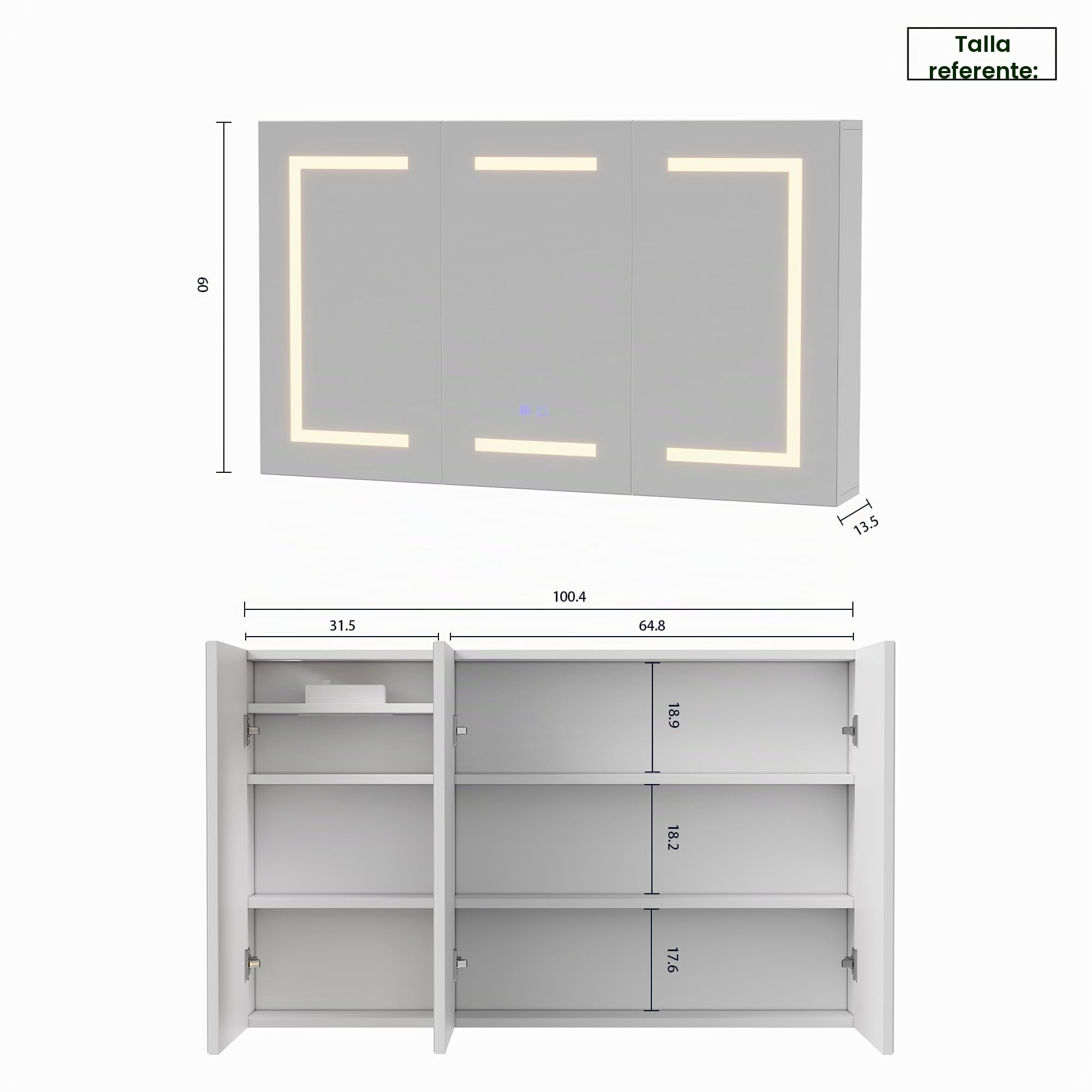 Armario con espejo con iluminación led, gabinete de baño con 3 colores de luz, espejo de baño con almacenamiento y 3 puertas, armario con espejo con estante ajustable (blanco, 2, 100 x 60 cm)