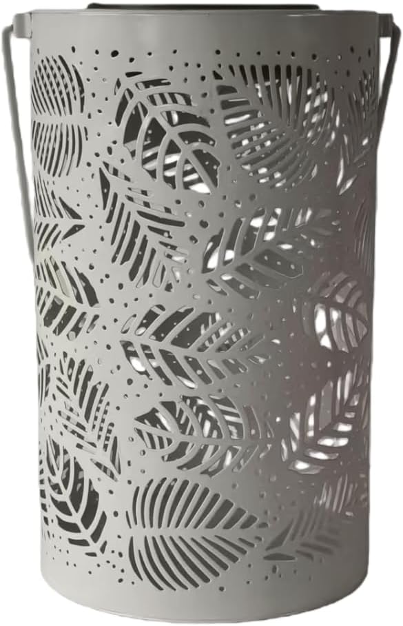 Solar Powered Metal Garden Lantern, Hanging Decorative LED Light with Palm Leaf Pattern, Waterproof Outdoor Lantern for Courtyard Villa Patio (White (4.7in * 4.7in * 13.4in))