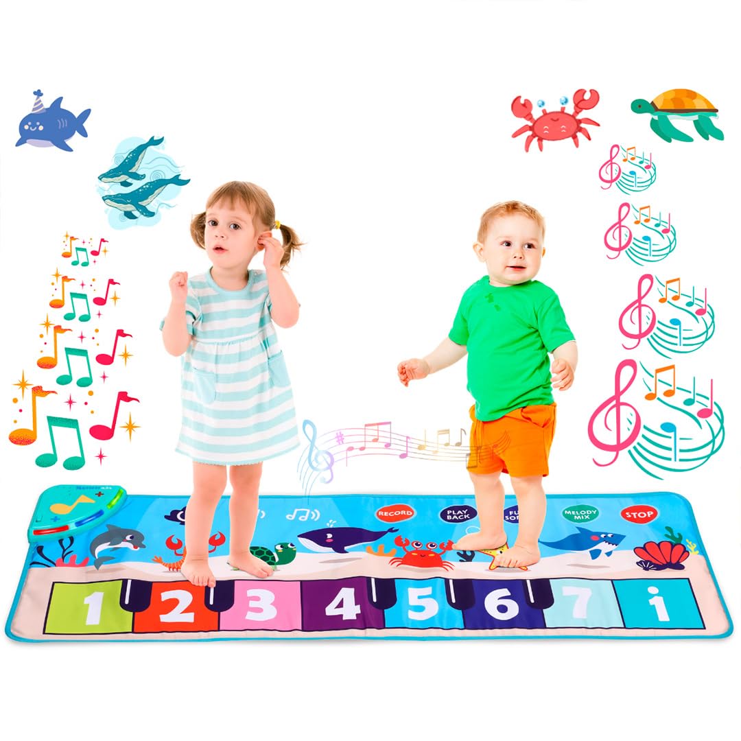 NK Alfombra Musical para Bebé con 8 Sonidos del Mar LED - Piano Infantil Juguete para Niños 3 4 5 años, Regalo Original Montessori Cumpleaños Navidad, Plegable, Función Record/Playback (110x36cm)