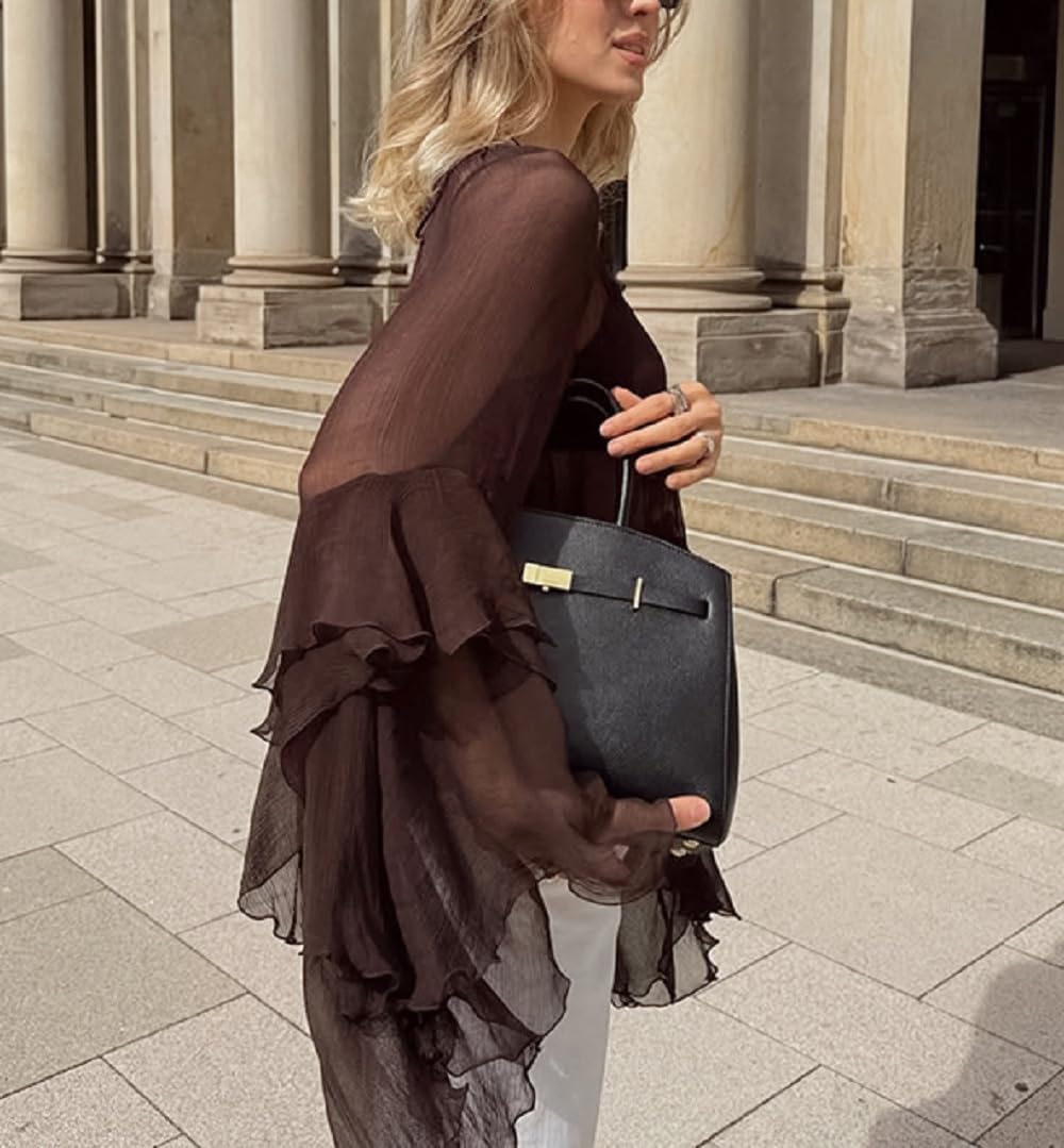 Ruffled Blouses for Women Boho Flowy Bell Sleeve Chiffon Top Sexy See Through Sheer Ruffle Hem Shirt Tops - Image 6