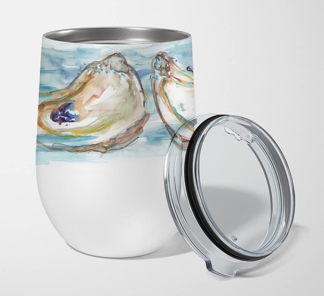 Caroline's Treasures SC2084TBL12 Oysters Stainless Steel 12 oz Stemless Wine Glass Insulated Wine Tumbler with Lid, Cute Travel Cup for Coffee, Cocktails, Gift Women, Mother