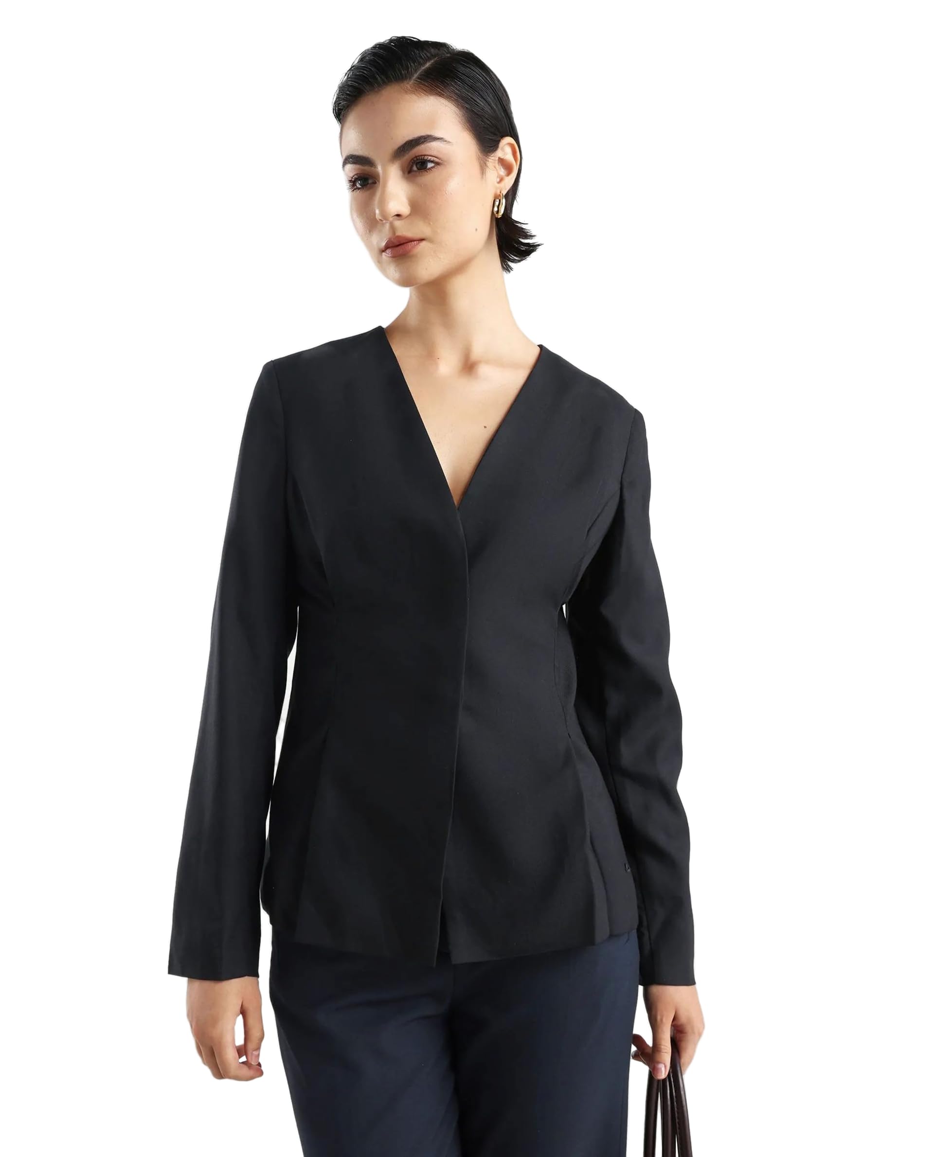 rareism Women Regular Fit Solid Black Cotton Blend Collarless Long Sleeve Blazer-picture-20