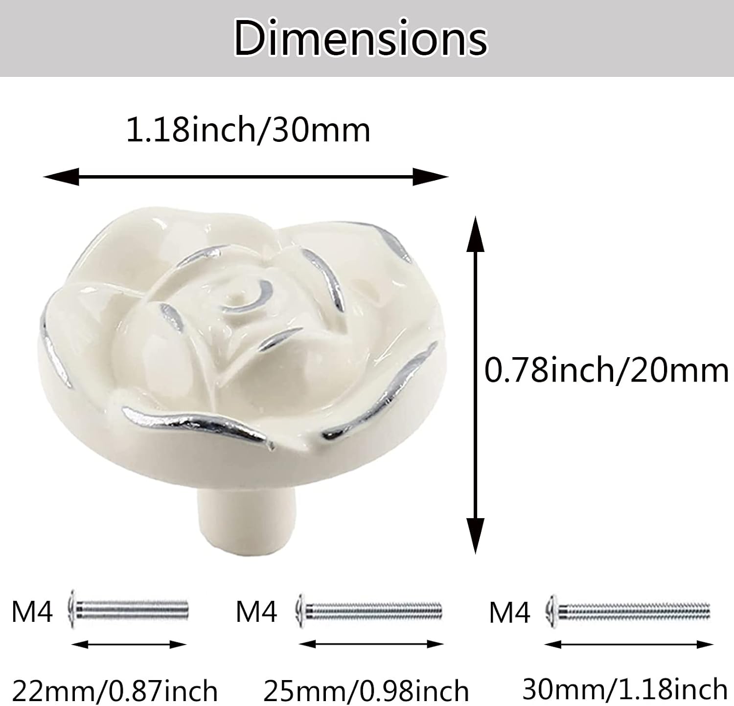 6Pcs Rose Cabinet Handles Dresser Drawer Knobs Pulls Vintage Kitchen Zinc Alloy Flower Drawer Pull for Cupboard Wardrobe with 3 Size Screws (30mm, Ivory White with Silver)