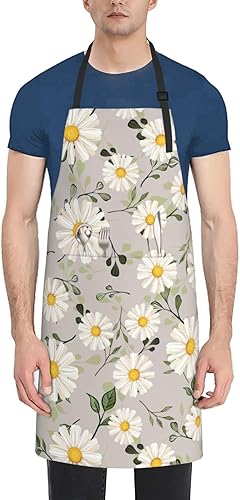 Miniatura 9 de Delantal impermeable de flores de margarita blanca para adultos, babero floral de chef con 2 bolsillos para cocina, barbacoa, manualidades, dibujo