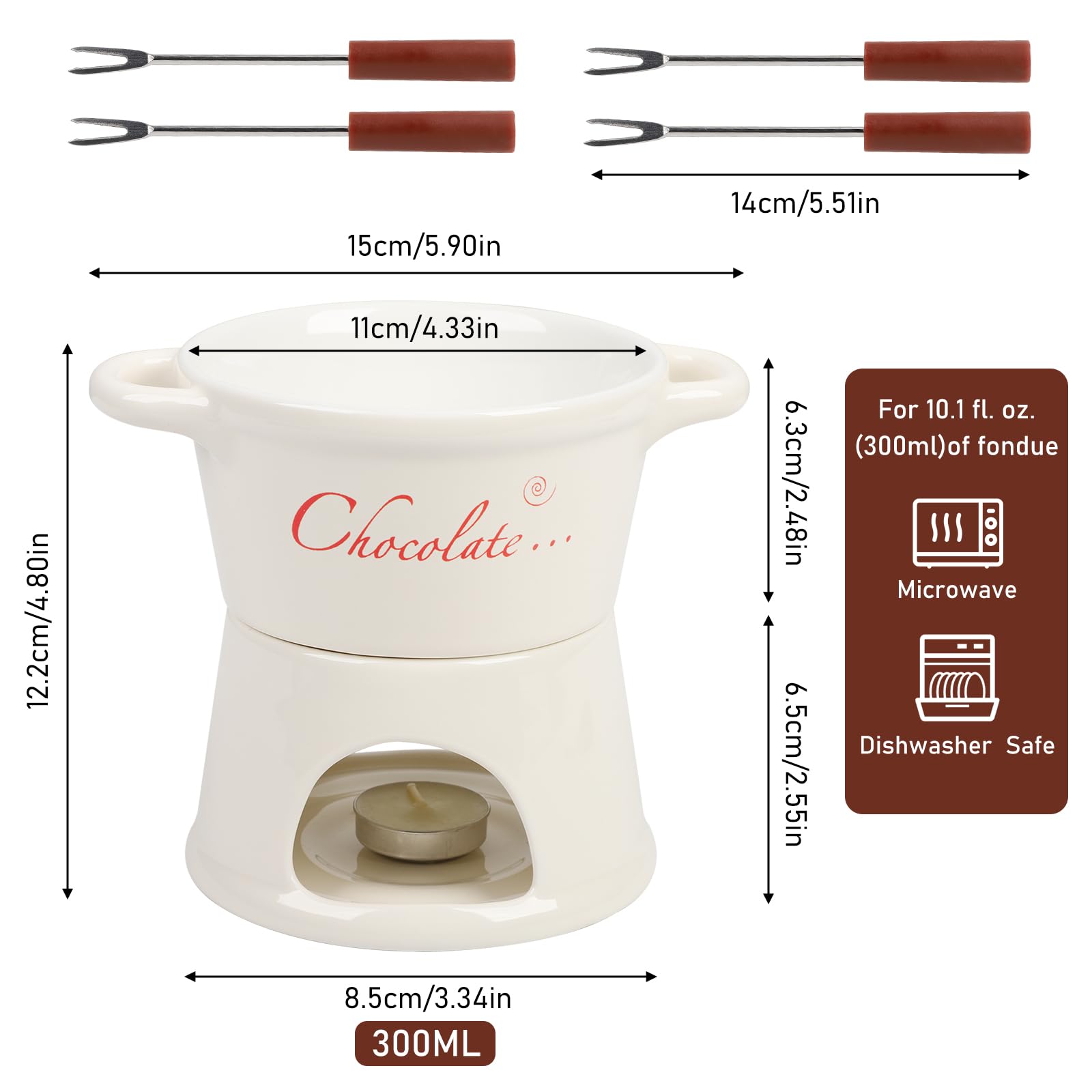 BigKing Tygiel do czekolady i sera, 300 ml, ceramiczny zestaw czekoladowego fondue z 4 widelcami i 4 świeczkami, wyjmowany, mini kubek do fondue do domu, restauracji i kawy