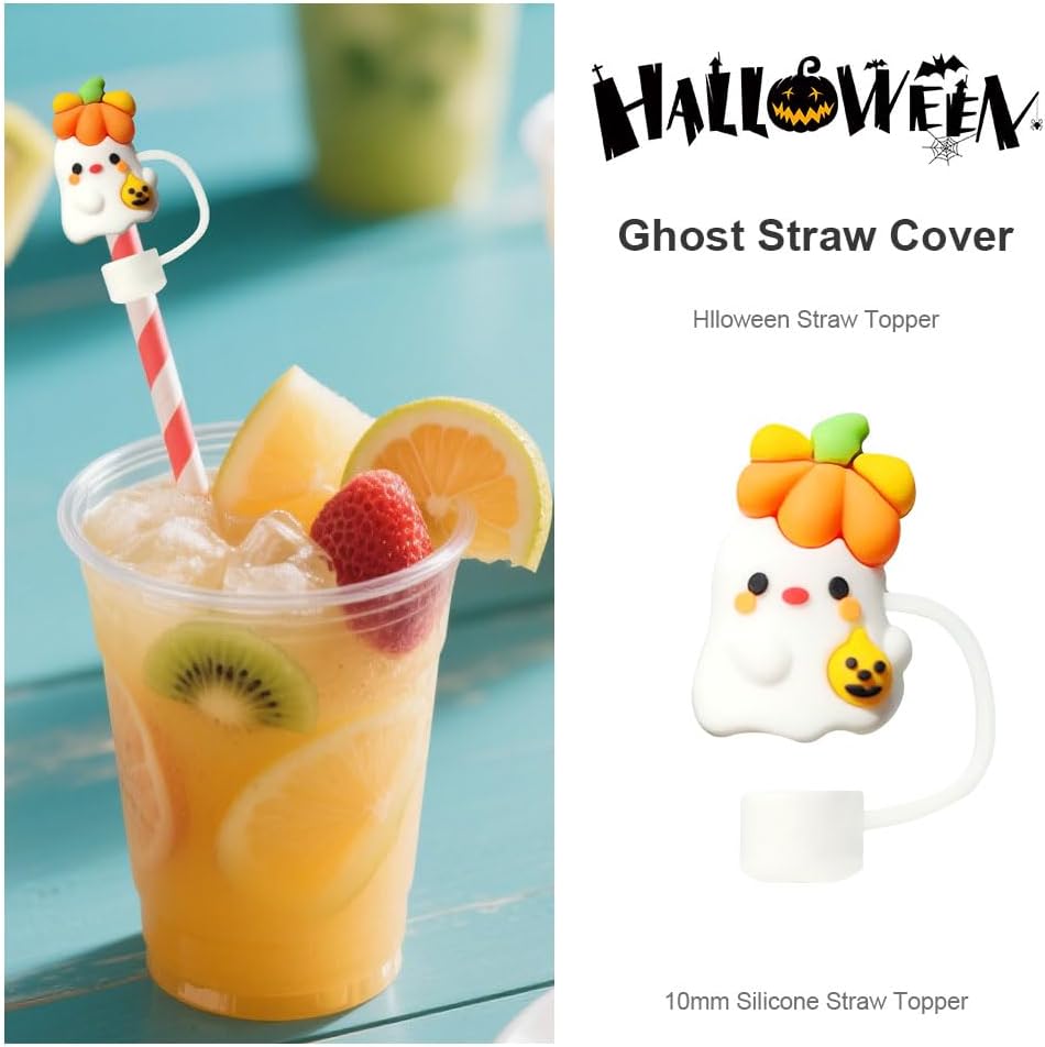 6pcs Halloween Ghost Straw Cover Cute White Ghost Straw Topper 10mm Silicone Straws Accessories 30&40 Oz Drinking Straws Tip Covers For Halloween Water Cups Decoration - Image 2