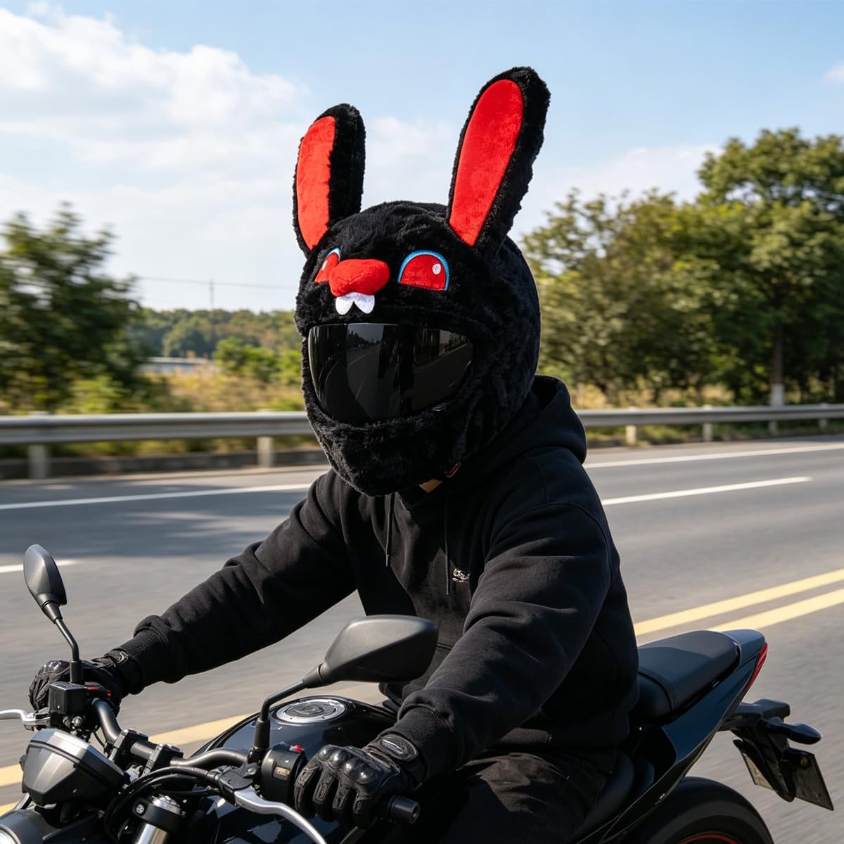 Huba Copri casco da moto con coniglio nero, in peluche, motivo animale, per uso quotidiano, design divertente e allegro