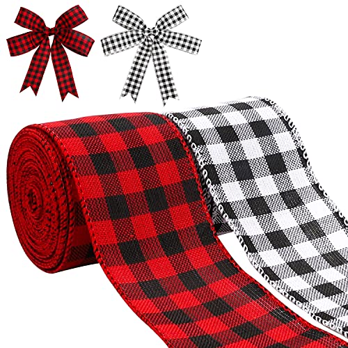Kingovalley 2 Rollen Weihnachtsbänder, 6,3 cm x 9,1 m, Weihnachts-Büffel-Karo-Bänder, Weihnachts-Jute-Stoffband mit kariertem Rand Cover