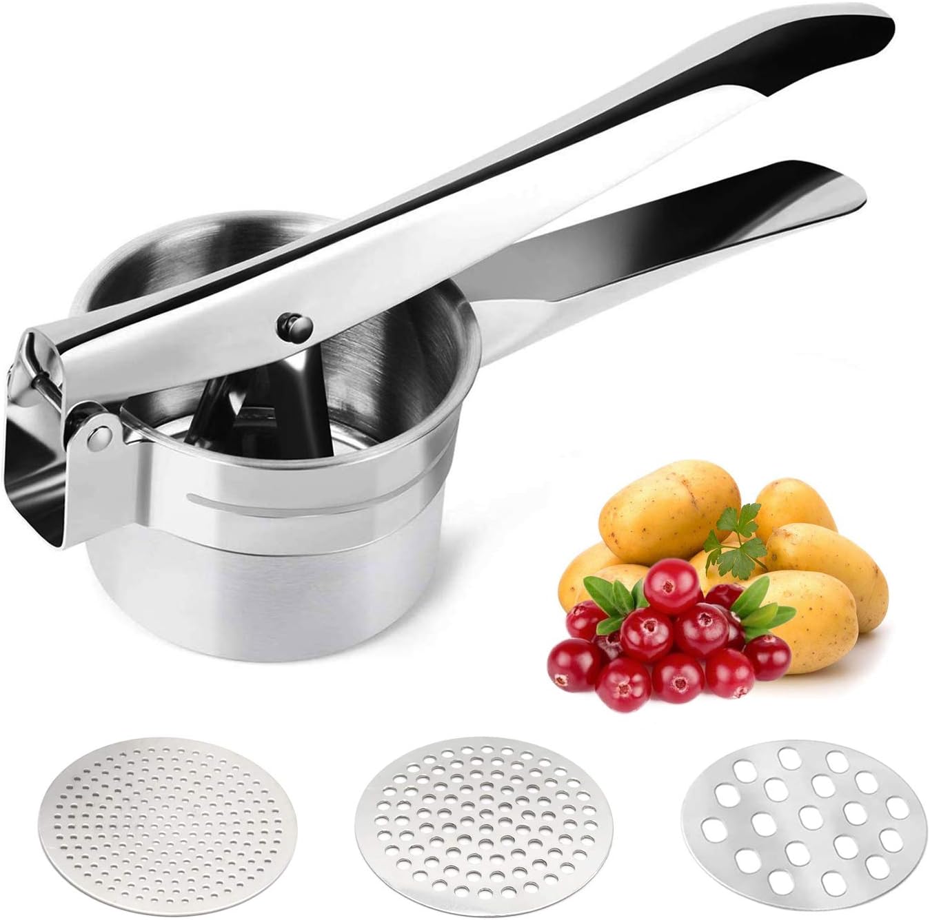 Food-Grade Stainless Steel Potato Ricer Masher, Baby Food Mill, Fruit and Vegetables Masher, Large Capacity, with 3 Interchangeable Discs, Easy to Clean