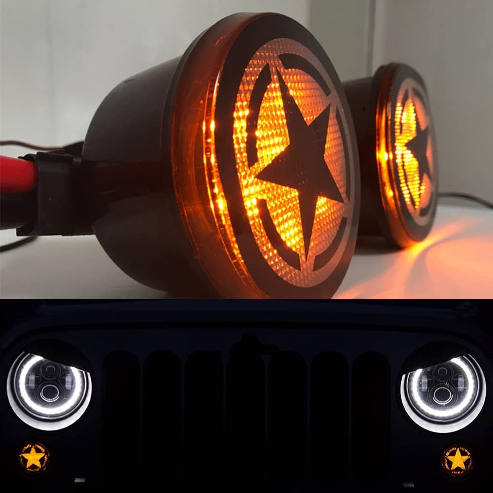 LED Amber White Turn Signal Lamp, 1 Pair Front Center Grille Light, Compatible with Jeep Wrangler Jku Jk 2007-2018, Smoke Lens & Ring DRL Smoke Lens & Ring DRL