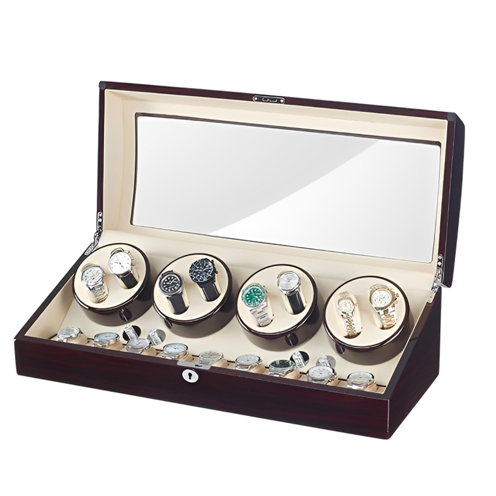 Armadietto Caricaorologi Con Finitura Pianoforte A Coda - 8 Avvolgitori Automatici E 9 Vani Portaoggetti Con Cuscini Imbottiti, Elegante Display For Orologi For Lui E For Lei