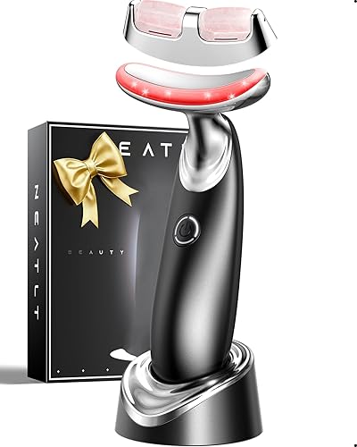 Luz roja para cara y cuello, herramienta de masajeador facial 7 en 1 con rodillo de jade, masajeador facial portátil de 3 colores para el cuidado de