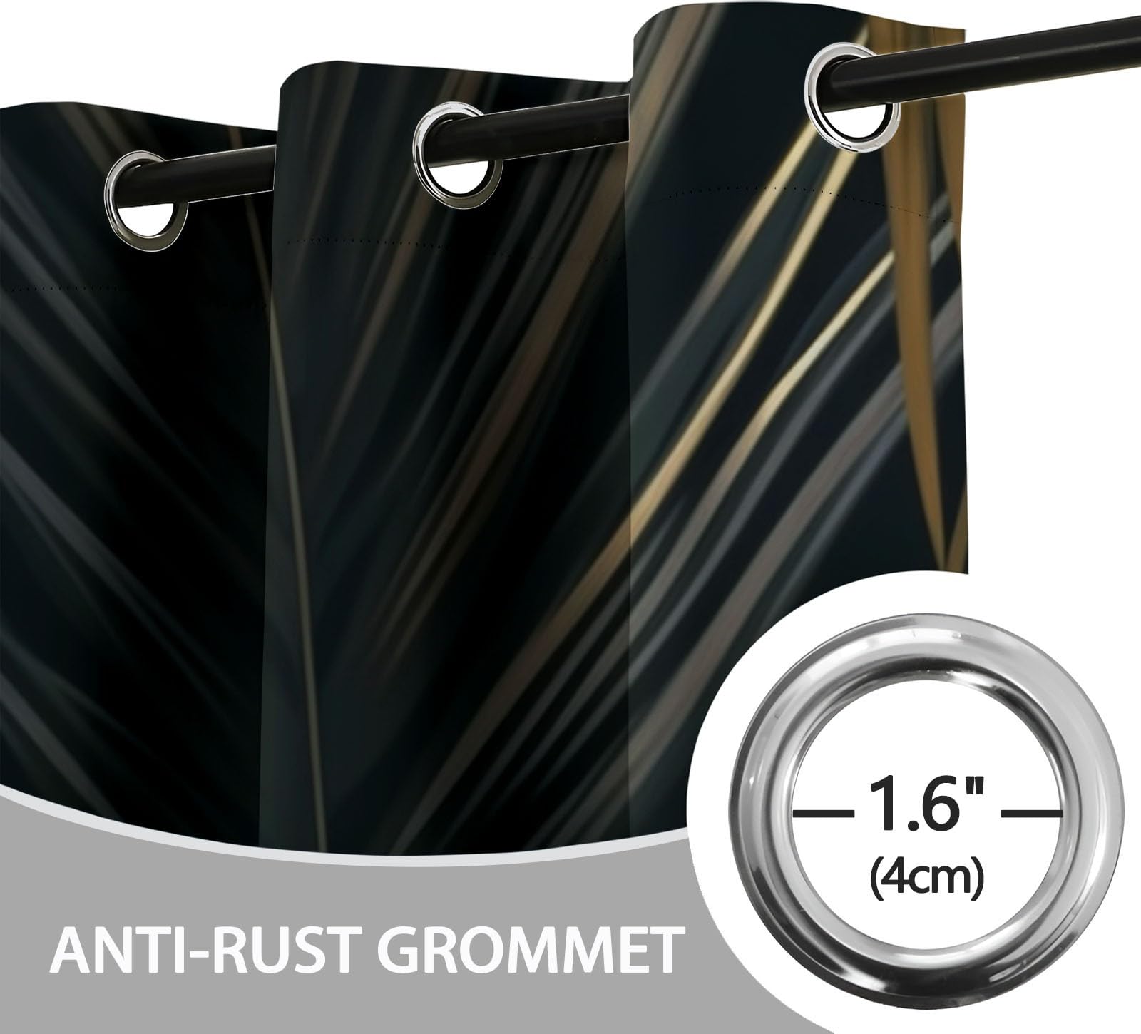Wärmeisolierende Verdunkelungsvorhänge H166 x B75 cm (2er Set), Pflanzen Palmblätter, Schützende Ösenschals für schmale Fenster, Schwarz Gold