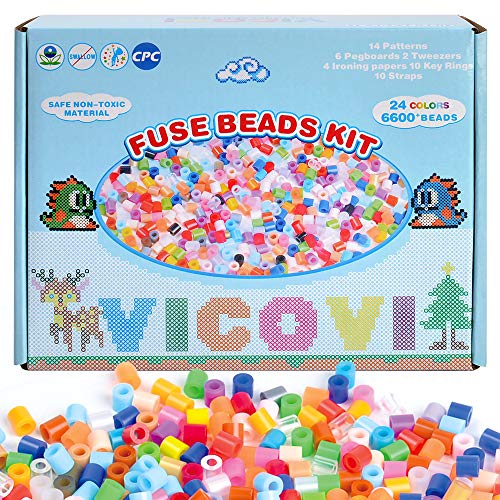 VICOVI 6600+pcs Fuse Beads Kit, Melty Fusion Beads Arts & Crafts Set Include 4600+ Perler Beads in 24 Colors & 2000+ in Mix, Pegboards, Ironing Papers, Tweezers, for Kids DIY Birthday Gift