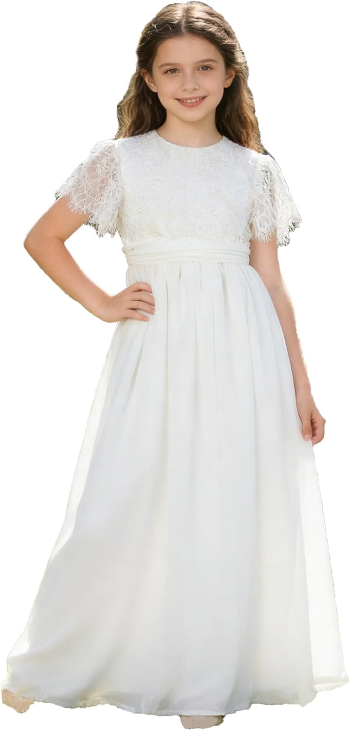 ABAO Sister Girls Vintage Chiffon Ruffle Sleeve A-Line Wedding Party Maxi Junior Bridesmaid Flower Girl Dress for Kids