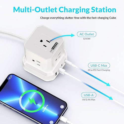 Miniatura 7 de Uncaged Ergonomics Tiras de alimentación en cubo con protección contra sobretensiones, cable de extensión de 10 pies con múltiples tomas, 5 enchufes