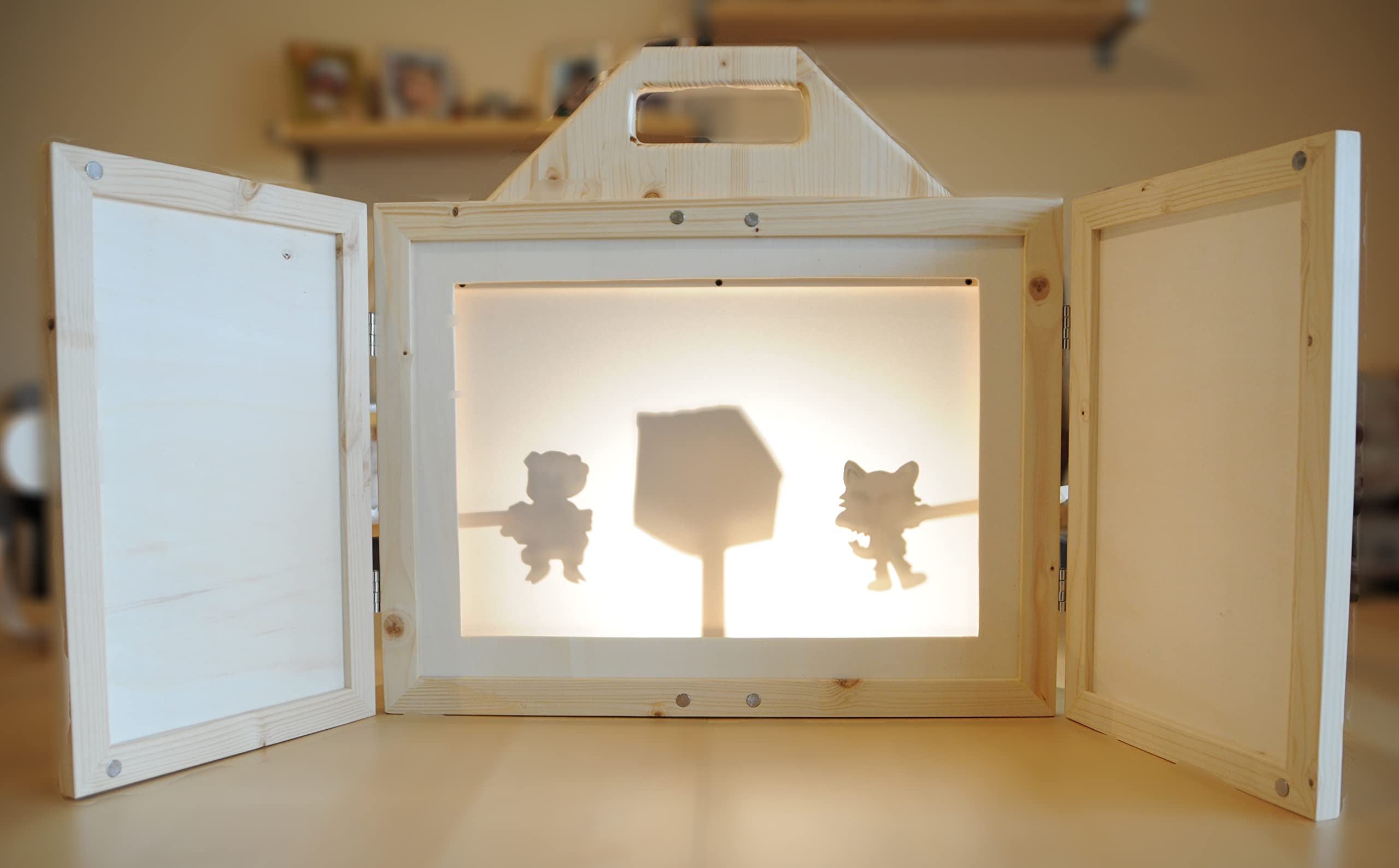 Teatrino in Legno fatto a Mano, Gioco Portatile per Bambini.Teatro Giapponese delle Ombre+Tavole illustrate della Fiaba "Il colibrì e il colore degli uccelli" di Elide Fumagalli