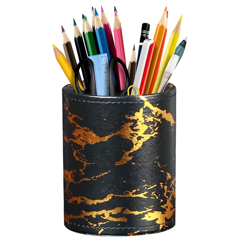 BIBELUN Pen Holder for Desk Cute, Desk Organizers and Workspace Accessories Storage, Pencil Holder Cup for Makeup Brush/Art Supplies/Stationery, Decorative Aesthetic Office Organization, PU Leather