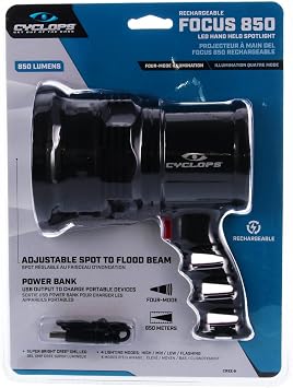 Cyclops Rechargeable Handheld Four-Mode Adjustable Beam Focus 850 Lumens Spotlight with AC/DC Recharger/DC Car Plug