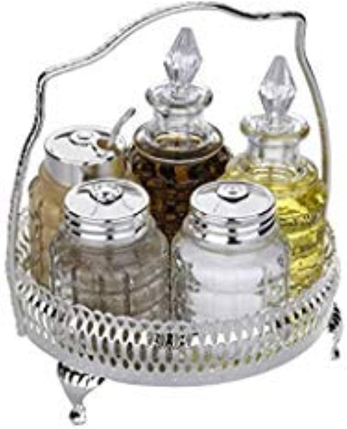 Amanda Tableware Cruet Set British with Special Finish That Never Needs Silver Polishing Includes Salt Pepper Mustard Oil Vinegar