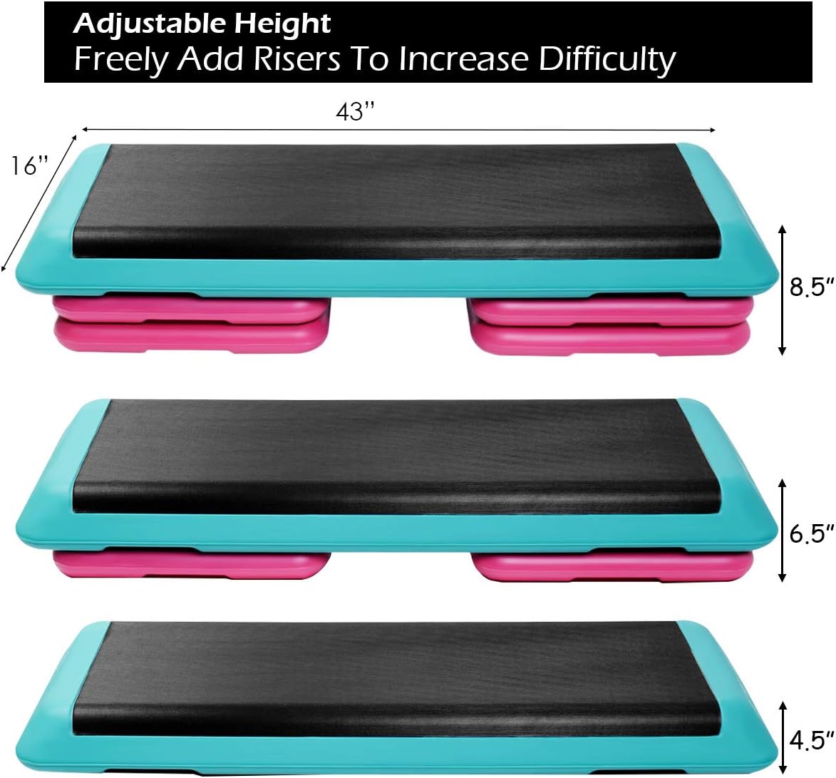 ADTEST 43” Adjustable Aerobic Step with Four Risers, 3 Adjustable Levels from 4”-6”-8”, Exercise Step Platform for Cardio with Non-Stick, Non-Slip and Shock Absorbing Surface, Ideal for Home, Gym Use : Sports & Outdoors