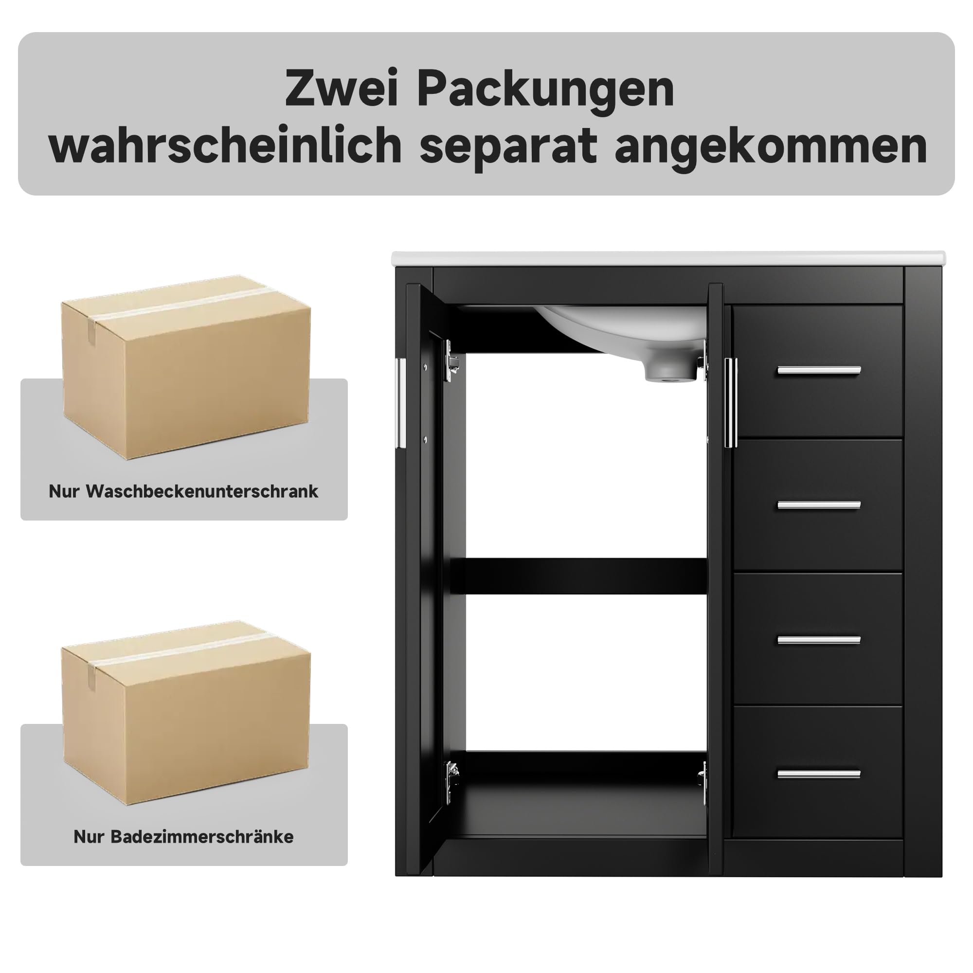 Merax Badezimmerschrank mit Waschbecken, komplett lackiert, DREI leise Schubladen + Doppeltüren, Soft-Close Scharniere für große Familien, Waschtisch, freistehend, Schwarz/76x46.5x85.5cm
