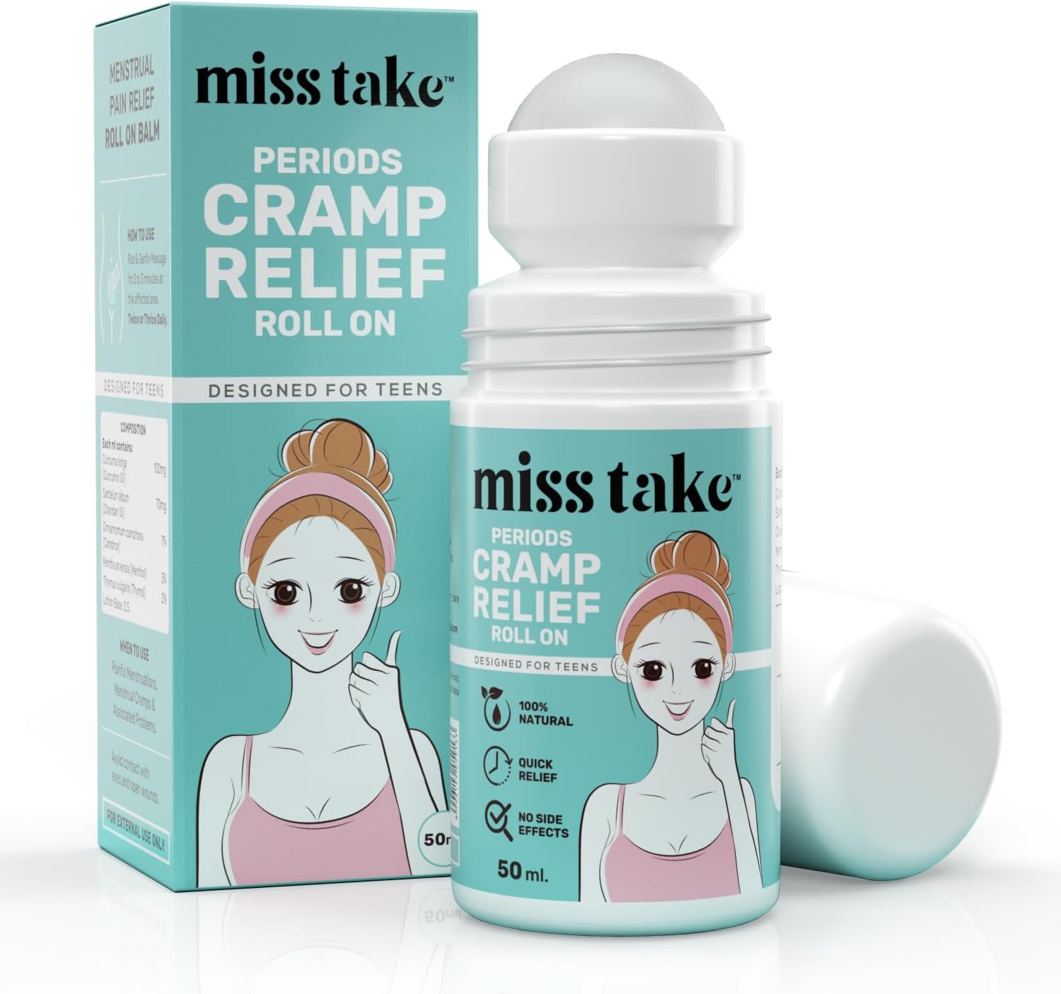 MISS TAKE Teen Period Cramp Relief Roll On | Product for Period Pain Relief | Pure And Natural Pain Reliever, Say No to Machine, Patches, Oil & Device - 50 ML